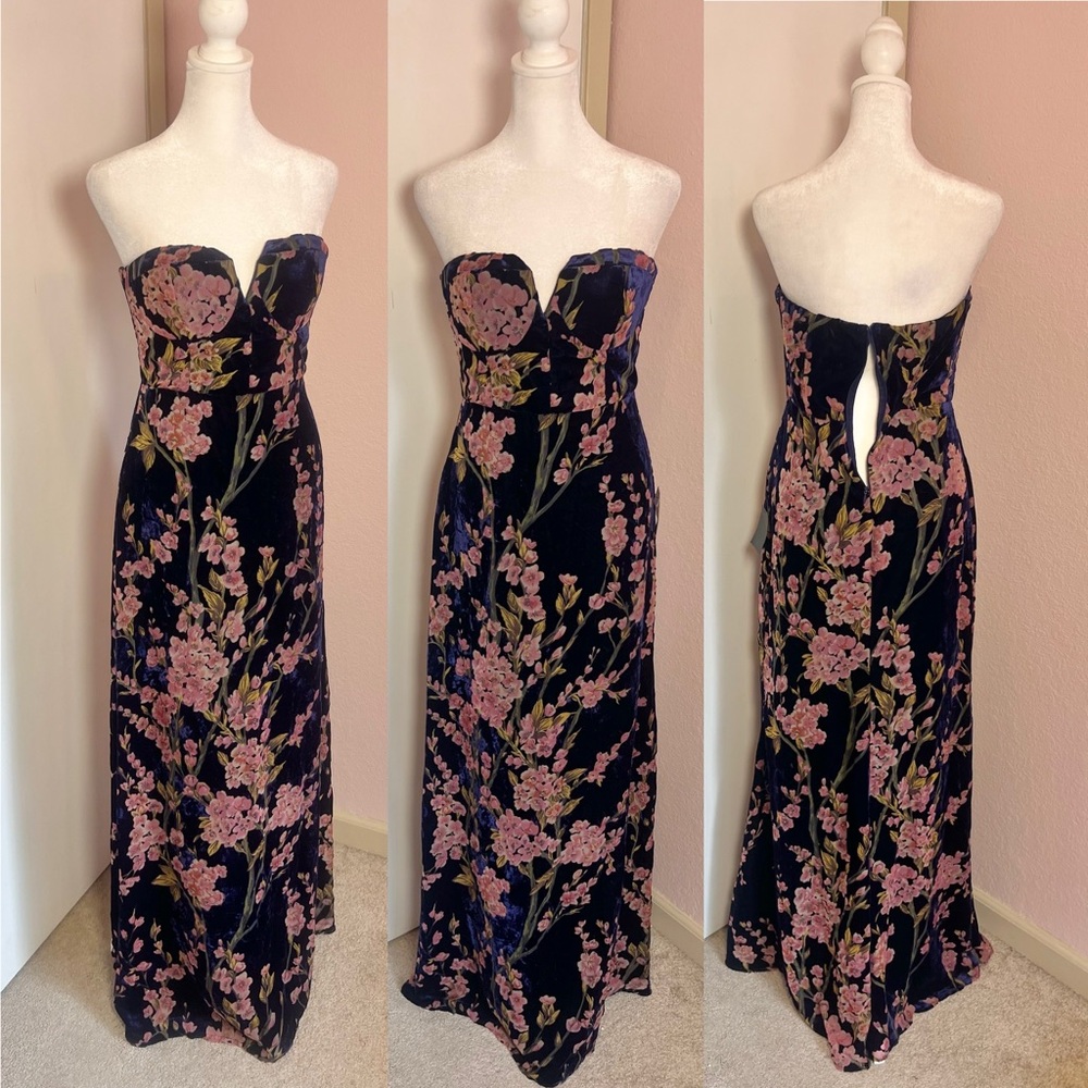 Bloom In Mind Navy Blue Floral Print Velvet Strapless Maxi Dress *Damaged - Picture 13 of 14